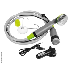 CAMP4 duschset med duschhuvud, slang, krok, sugkopp, USB-kabel och batteripaket.